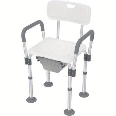 TEMU Adjustable Height 2-in-1 Toilet Chair Shower Stool With Bucket, Armrests & Backrest For Adults & Elderly - Plastic, Non-slip Feet, Easy To Clean, White Image