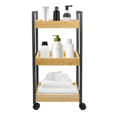 TEMU Bathroom Trolley, Bamboo Bathroom Shelf, Storage Trolley, Narrow Kitchen Trolley, Trolley With 3 Baskets - Bathroom Shelf For Bathroom And Kitchen Image