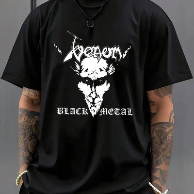 "TEMU Men' Metal Skull Graphic T-shirt - Casual Summer Tee With "black Metal" Print, Short Sleeve, Round Neck, Stylish Tattoo-, Casual Summer Wear | Skull Print Tee |" Image