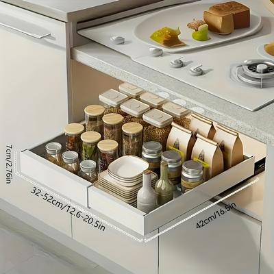 TEMU 1pc Expandable Metal Cabinet Sink Storage Rack, Adjustable Kitchen Drawer Organizer With Sliding Tracks, Pull-out Baskets, No Drill Installation, Ideal For Cutlery, Utensils, Spice Bottles Image