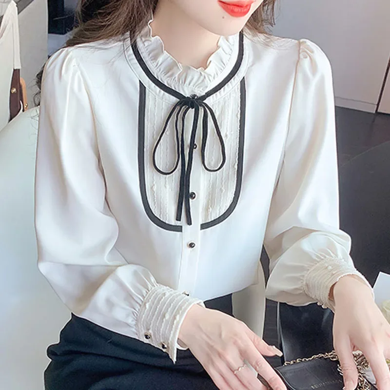 Mode Bogen stehen Kragen Frauen Hemd Bluse Tops Blusas Mujer de Moda 2024 Elegantes Langarmhemd Frauen Hemden Blusa H546