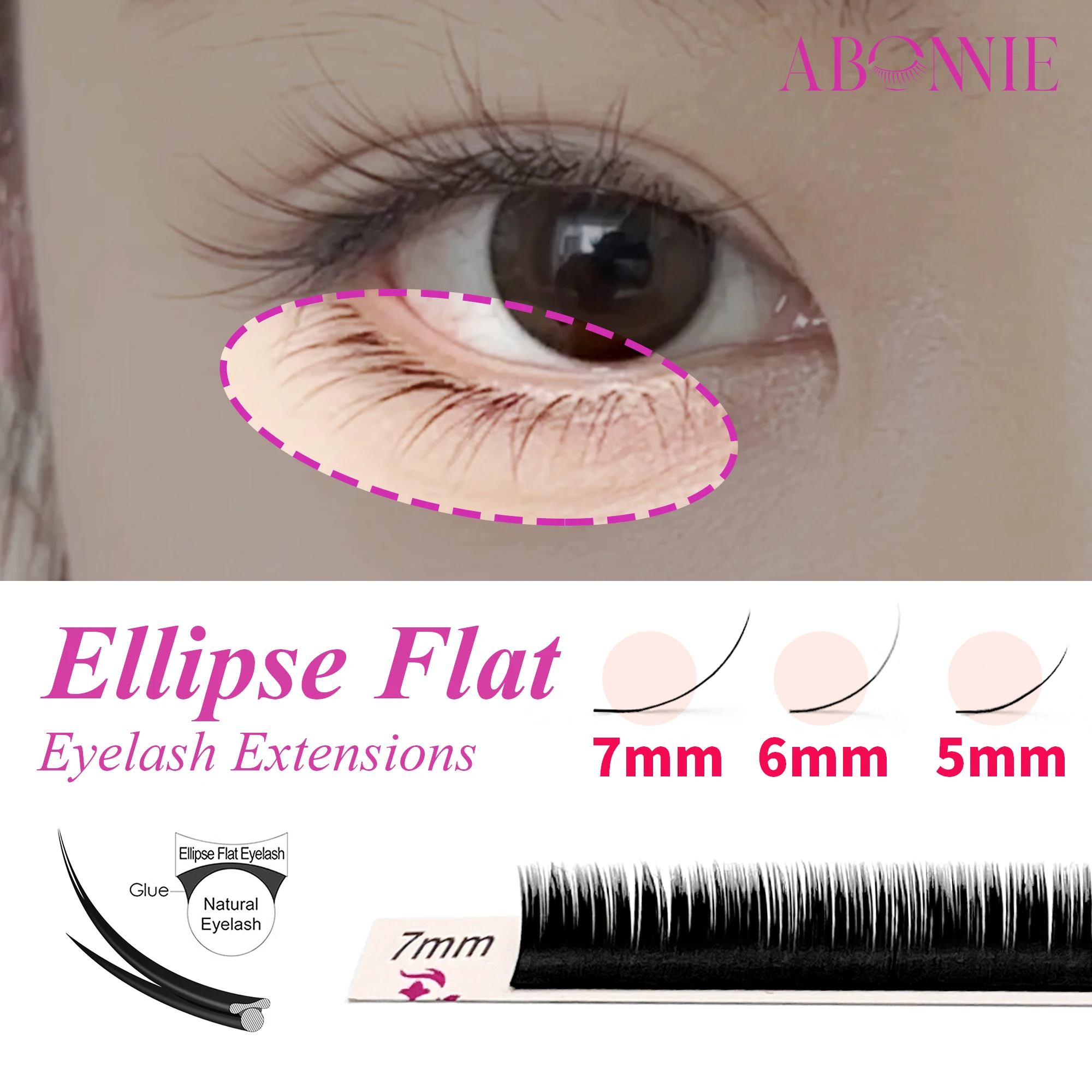 Abonnie 5–7 mm flache Wimpernverlängerung, ultraweiches Volumen, Cilios Ellipse Bottom Lashes, mattschwarz Image