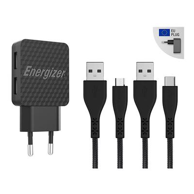 Energizer HardCase – Kompaktes 2x USB-A-Wandladegerät + USB-C- und Micro-USB-Kabel (schwarz), Image