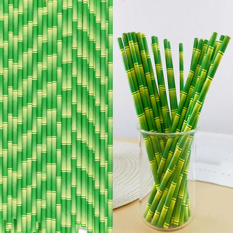 25/100 stücke Einweg Grün Bambus Gestreiften Papier Strohhalme Trinken Tropischen Dschungel Geburtstag Party Decor Sommer Hawaii Party Versorgung Image