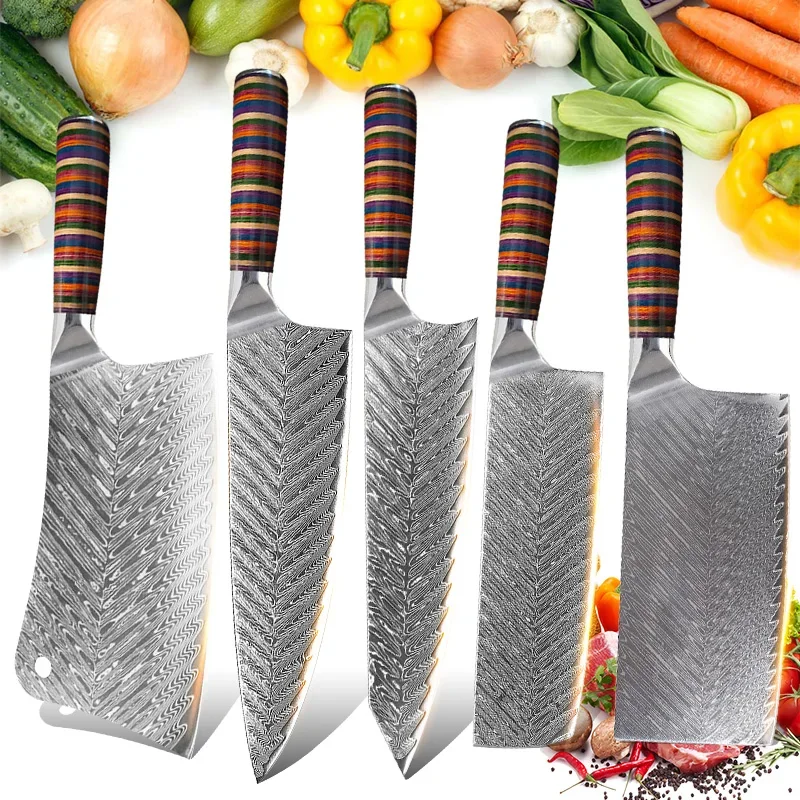 Damastmesser, praktisches Küchenmesser, Hackmesser, Fleisch, Obst, Gemüse, Grill, Ausbeinmesser, Koch, Kochen, Holzgriff, Küchenmesser Image