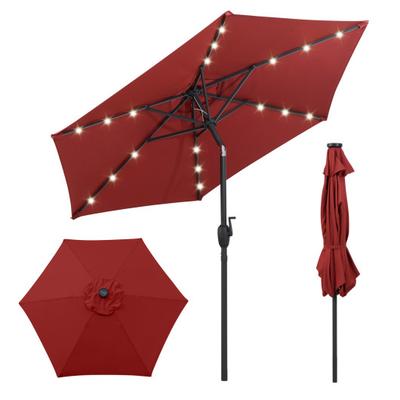 Costway 7.5 Feet Solar Powered Patio Umbrella with LED Lights and Crank Handle-Burgundy