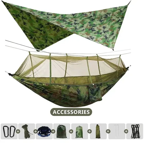 Hamac de camping double 260x140cm, léger, avec moustiquaire et bâche anti-pluie, parachute, pour les voyages et la randonnée