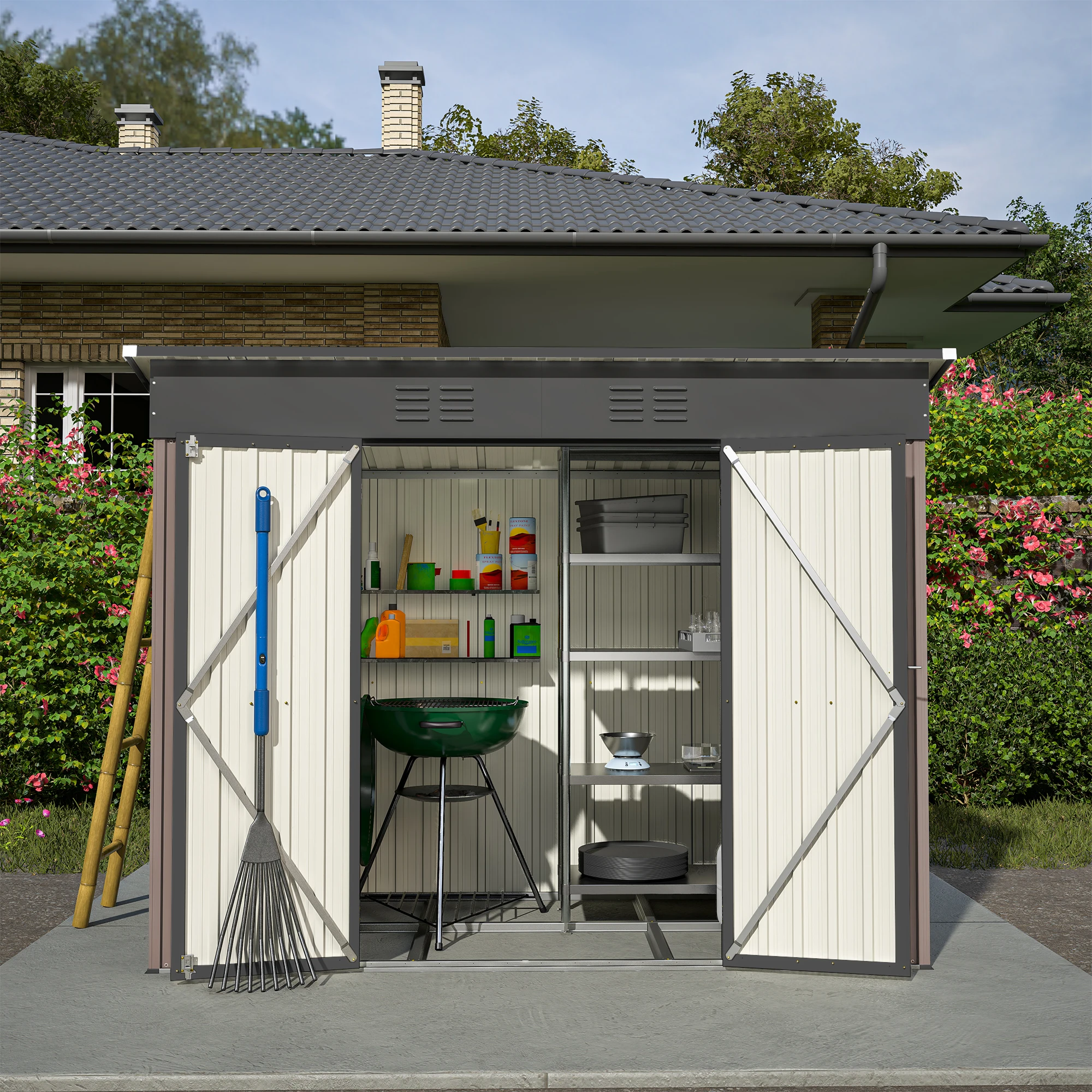 Abri à outils en métal 8x4 pieds, maison de jardin comprenant fond de teint en métal (sans sol), hangar de jardin résistant aux intempéries