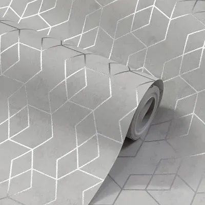 Grey Silver Small Geometric Paper Wallpaper Roll For TV Wall.