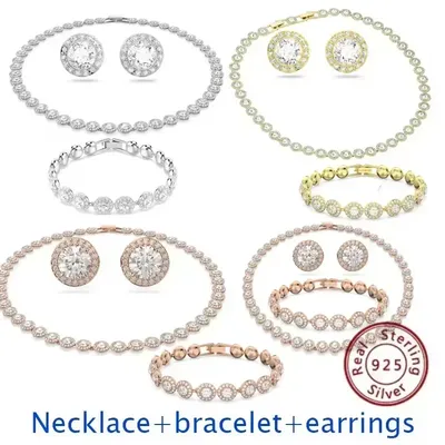 S925 sterling silver classic jewelry necklace with gemstones, bracelet and earring set, a must-have