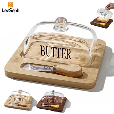 Leeseph Bamboo Butter Dish with Glass Lid and Cutter, Reusable Butter Storage Dish Butter Case,