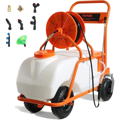 Battery Powered 15 Gallon Garden Weed Sprayer with Wheeled Cart, 126FT Hose with Reel, 8 Nozzles, 2