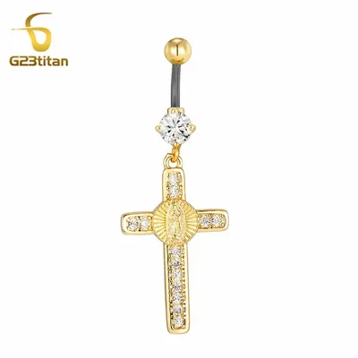 Beautiful Virgin Mary Cross Golden Belly Button Ring 14G Titanium Curved Barbell Navel Piercing