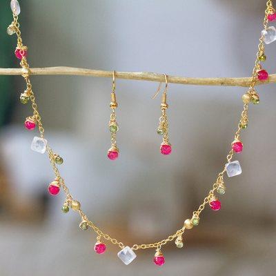'Gold-Plated Necklace and Earrings Set with Multi-Gemstones'