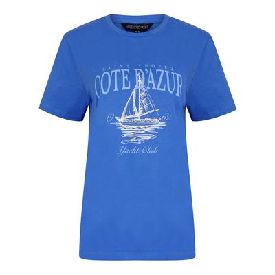 T-Shirts Tropez Graphic Motif Cotton Jersey Crew Neck T-Shirt in Baja Blue - Weekend Vibes / 12 - Tokyo Laundry