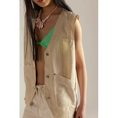 We The Free Valerie Linen Vest Jacket at Free People in Brulee Brisket, Size: Large