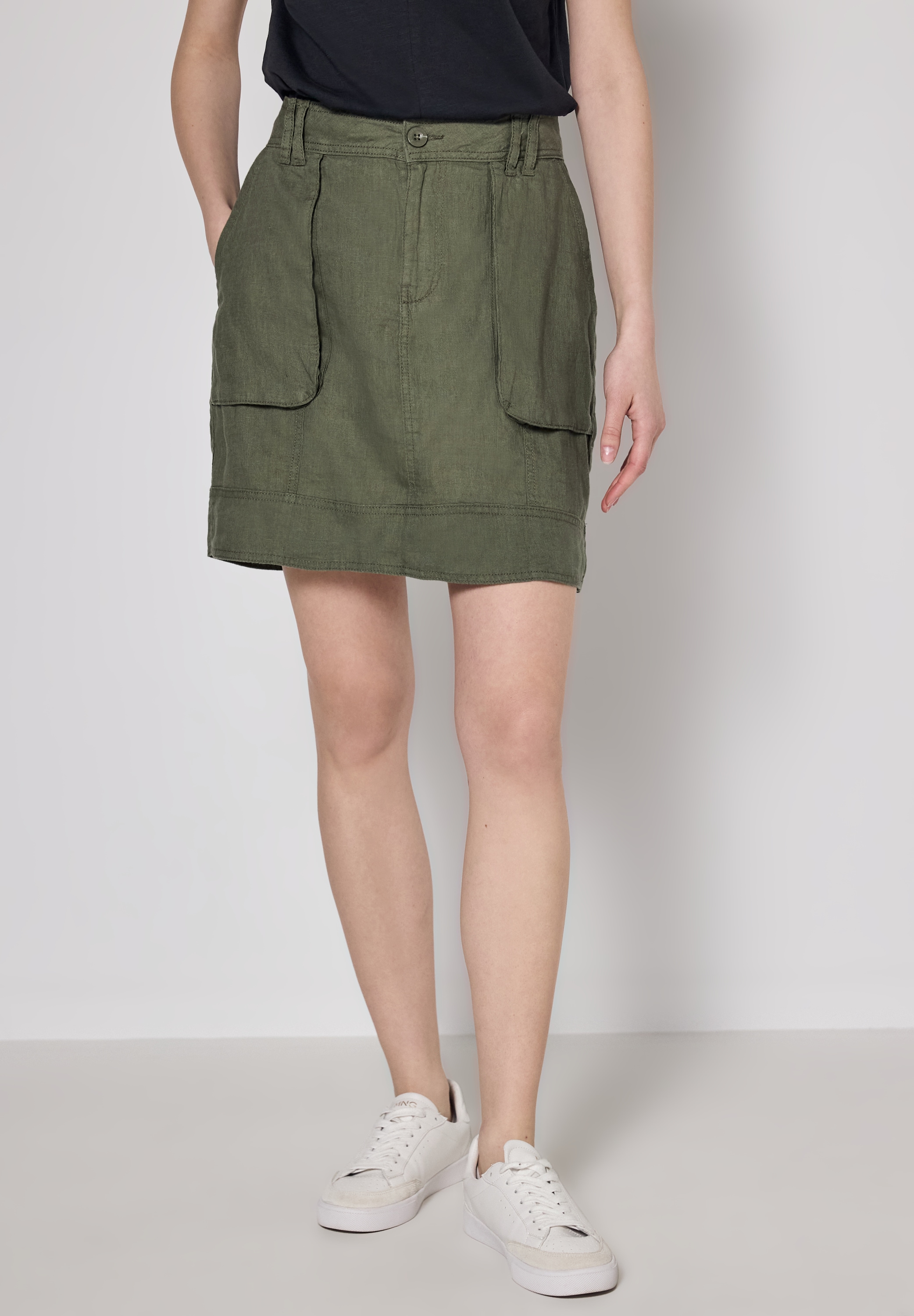 Minirock STREET ONE STUDIO, Damen, Gr. 40, grün (peridot grün), Stoff, 100% Leinen, unifarben, comfort fit kniefrei, Röcke Minirock, mit seitlichen Einschubtaschen