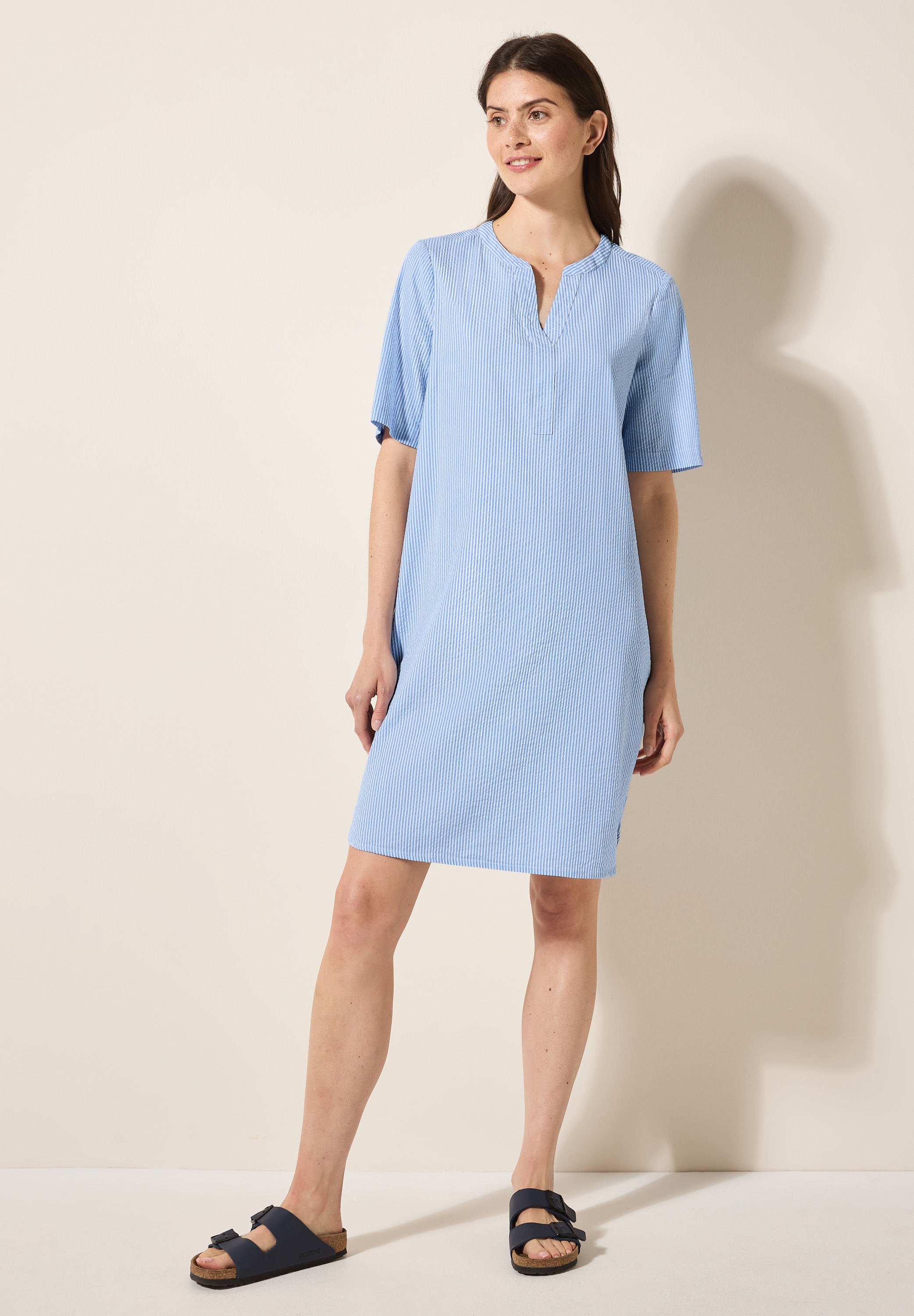 Sommerkleid CECIL, Damen, Gr. XXL (46), US-Größen, blau (aster blau), Web, 65% Baumwolle, 35% Modal, gestreift, comfort fit kniefrei, Rundhals, Bündchen, Kleider Sommerkleid, knielang