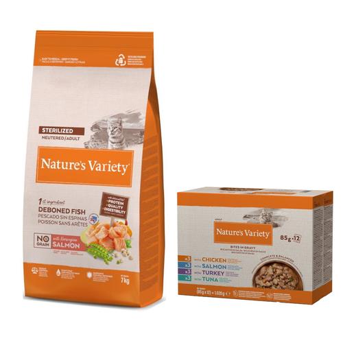 7kg No Grain Sterilised Norwegian Salmon Dry Cat Food + 12 x 85g Bites in Gravy Wet Cat Food Nature's Variety