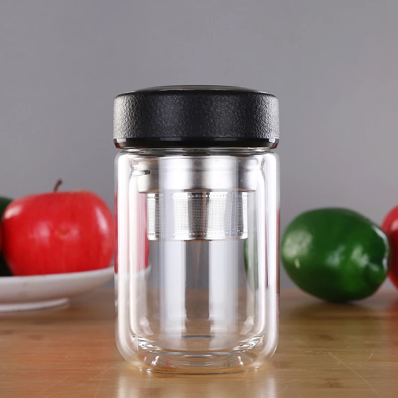 250 ml Doppelwandige Glas Wasser Tee Flasche Mit Edelstahl Infuser Filter Sieb Tragbare Reise Trinkbecher Image
