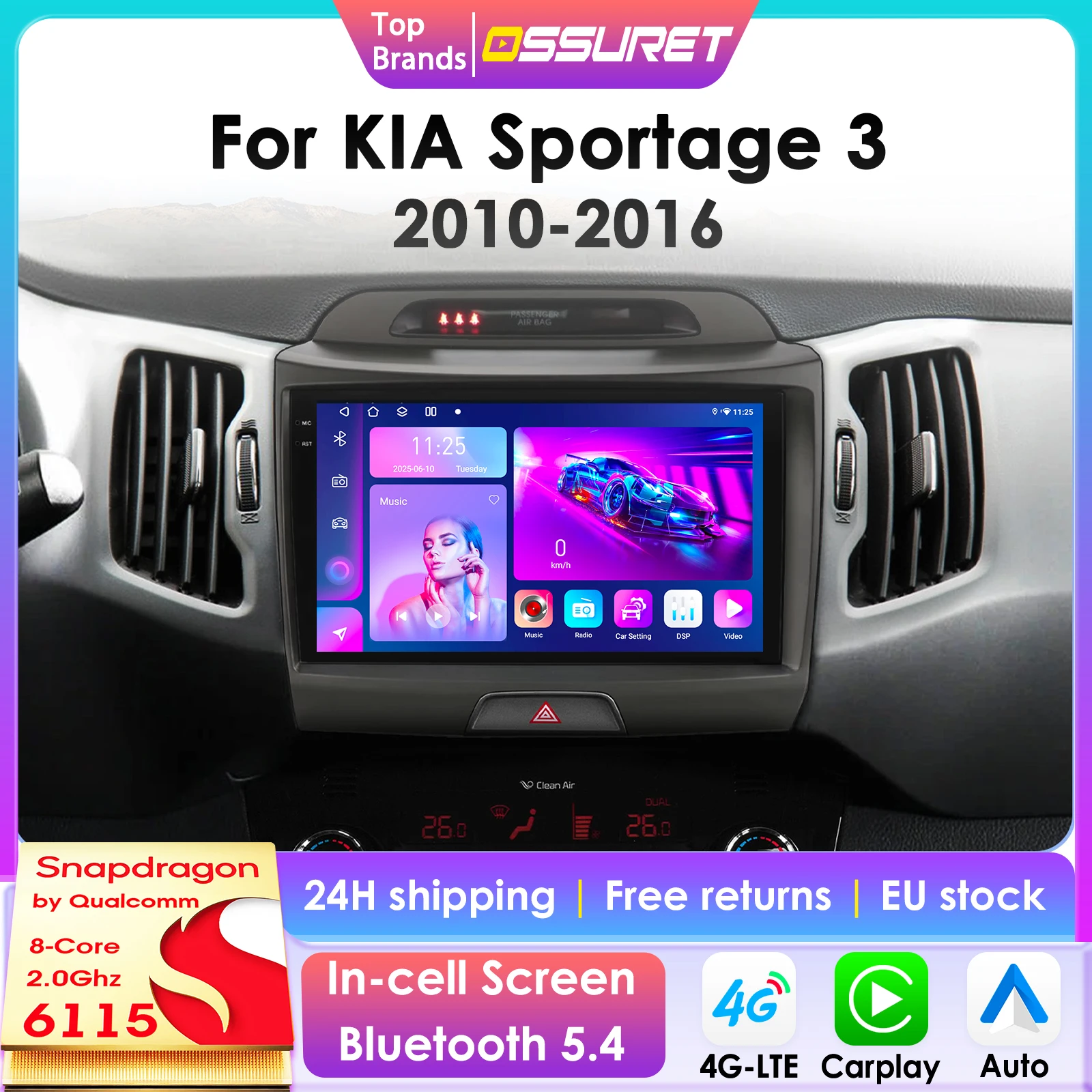360-Grad-Kamera 2Din Android 14 Autoradio für KIA Sportage 3 2010-2016 Auto-Multimedia GPS 4G Carplay Intelligenter Bildschirm Autoradio 6115 Image
