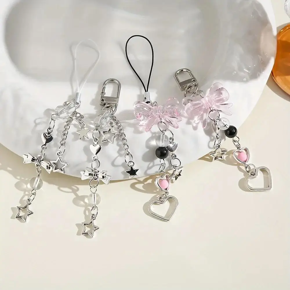 Goth Y2K Handyanhänger Rosa Silber Schleife Herz Stern Schlüsselanhänger Anhänger Schlüsselanhänger Tasche Handykette Süßes Accessoire für Mädchen Frauen Schmuck Image