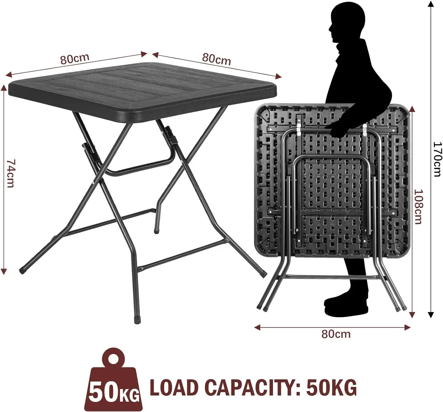 Wasserdichter Gartentisch, Klapptisch 80 x 80 x 74 cm, Balkontisch mit Stahlrahmen, verdicktes HDPE, für Party-Küche, Wohnzimmer