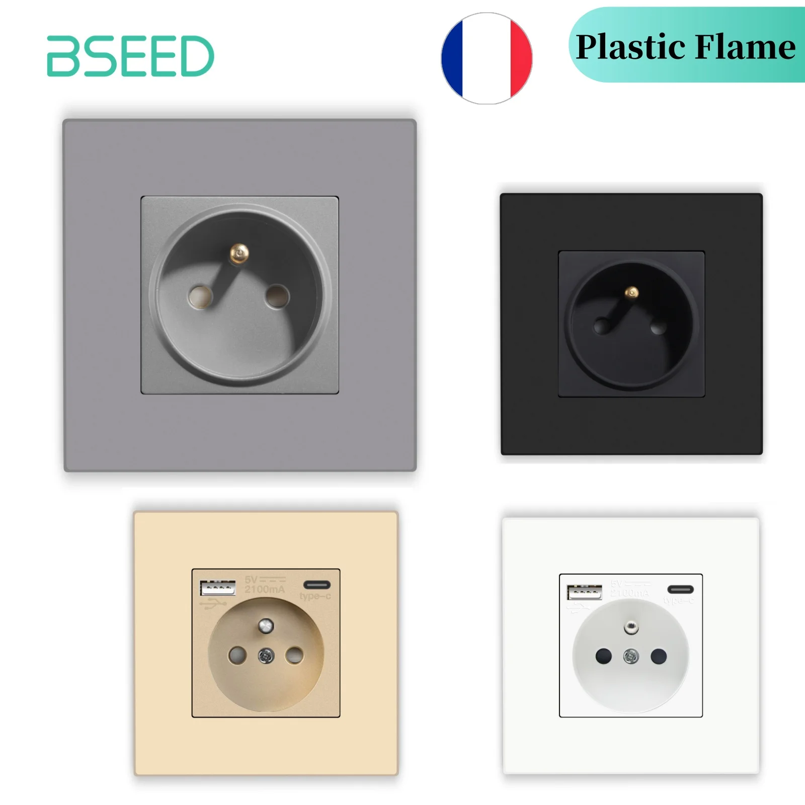 Bseed France Standard-Steckdose mit USB-Ladeanschluss und Typ C 2,1 A, 16 A, graues PC-Panel, 86 mm x 86 mm Kunststoff-Flammen-Wandsteckdose Image