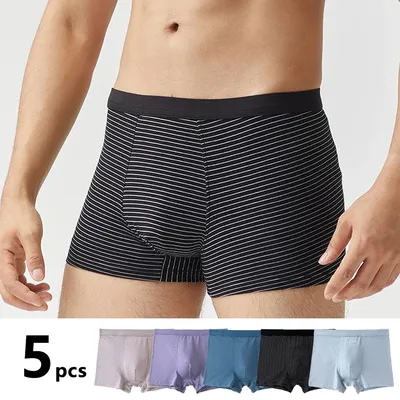 5PCS Männer Baumwolle Boxer Shorts Höschen Breiten Stretchy Bund Unterwäsche Solide Streifen Farbe Image