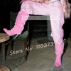 Rosa Fell unter dem Knie Stiefel Frauen süße spitze Zehen Stiletto High Heels pelzige Schuhe