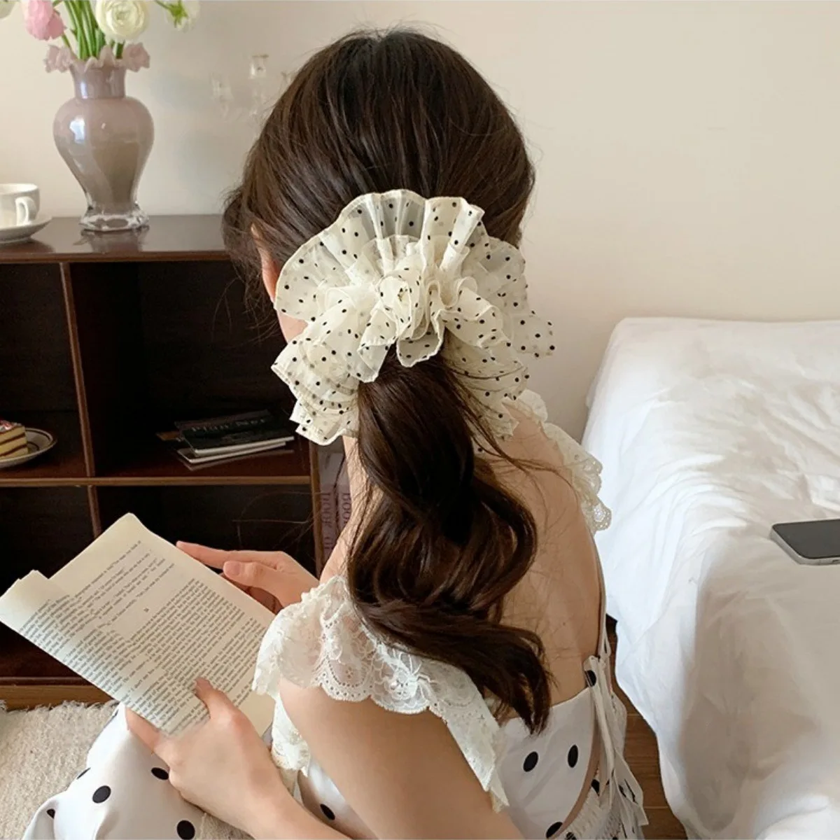 Damen Scrunchies Koreanische Version Haargummi Beige Polka Dot Spitze Haarkreis Süßer Haarkreis Elegantes Haarseil Haarschmuck Image