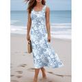 Per donna Abito maxi Vestito Estivo Abito a trapezio Abito Sottoveste Abito Pieghettato Vacanza Casual Boho Uscire Spiaggia Vestibilità regolare Floreale Grafico Senza Maniche Collo a U Blu Estate