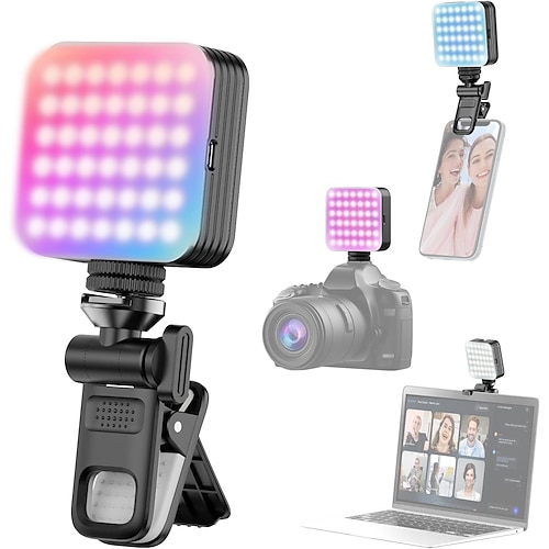 Mini luce video a LED RGB 2500K-9000K dimmerabile 8 effetti di luce luce per videoconferenza per computer tablet telefono cellulare fotocamera DSLR batteria integrata con clip per schermo supporto