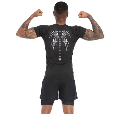 Men's Gym Clothes Skeleton Wings Workout Compression Shirts Short Sleeve Rash Guard Athletic