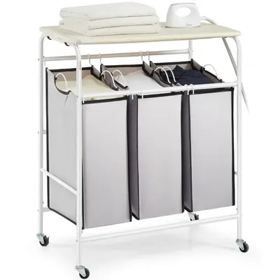 Laundry Sorter Cart 3-Section Rolling Laundry Basket Organizer with Ironing Board Top & Removable 3