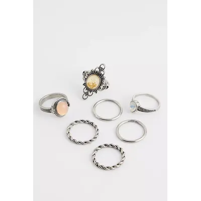 Silence + Noise Ornate Gem Rings 7-Pack - Silver M/L at Urban Outfitters