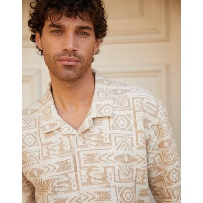 Ecru Printed Textured Relaxed Fit Short Sleeve Shirt