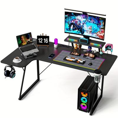 TEMU 150cm Gaming Desk, Gaming Desk L Shape With Monitor Shelf, , Stable Computer Desk Pc Desk Gaming With Carbon Fibre Surface Image
