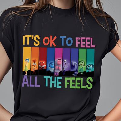 "TEMU Inside Out " Okay To Feel All The " Graphic Cotton Crew Neck Short Sleeve T-shirt For - Colorful Design, Hiking, Casual Wear, And Gifts For Teens & Fans" Image