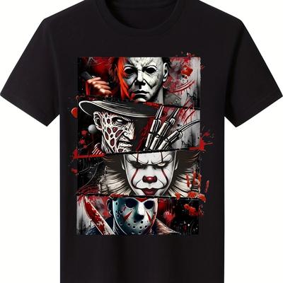TEMU Horror Movie Character Pattern Men's T-shirt 100% Fashion Casual Summer Fashion Cotton Short Sleeve Printed Shirt Cotton Printed Shirts Image