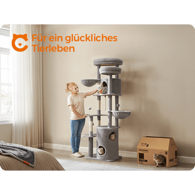 TEMU Large Scratching Tree, Xxl, 196 Cm Tall, Multi-story Cat Tree With 2 Large Platforms, 3 Caves, 2 Lounging Areas, 5 Scratching Posts, 4 Plush Balls, Cat Brush, Tunnel Image
