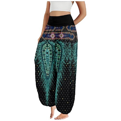 Femmes Pantalon inspiré du lin Jambe large Pantalons Style Ethnique Occasionnel Boho Longueur complète Taille haute Fleuri Graph