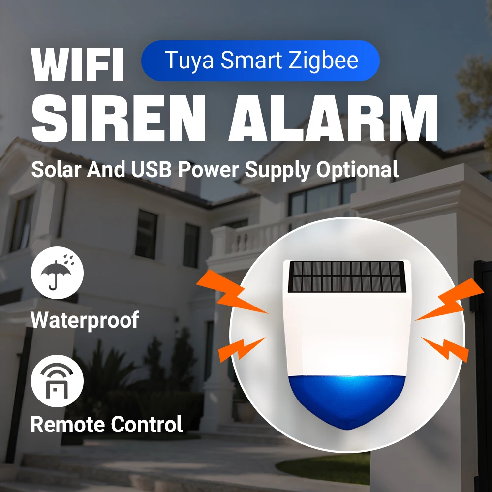 Tuya Smart Zigbee/Wifi Siren Alarm Outdoor Waterproof, Solar/USB Power Supply, 95dB Loud, Remote Control IPXS Waterproof​​ Image