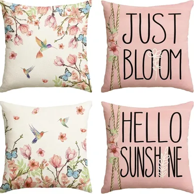 Rosafarbene Kolibri-Kissenbezüge mit Blumenmuster – „JUST BLOOM“, süßes Design, Image