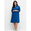Blusenkleid SHEEGO "Große Größen", Damen, Gr. 50, Normalgrößen, blau (blaubeere), Obermaterial: 55% Leinen, 45% Viskose, unifarben, casual, figurumspielend kniebedeckend, ohne Ausschnitt, 3/4-Ärmel, Kleider, aus Leinen-Viskose-Mix
