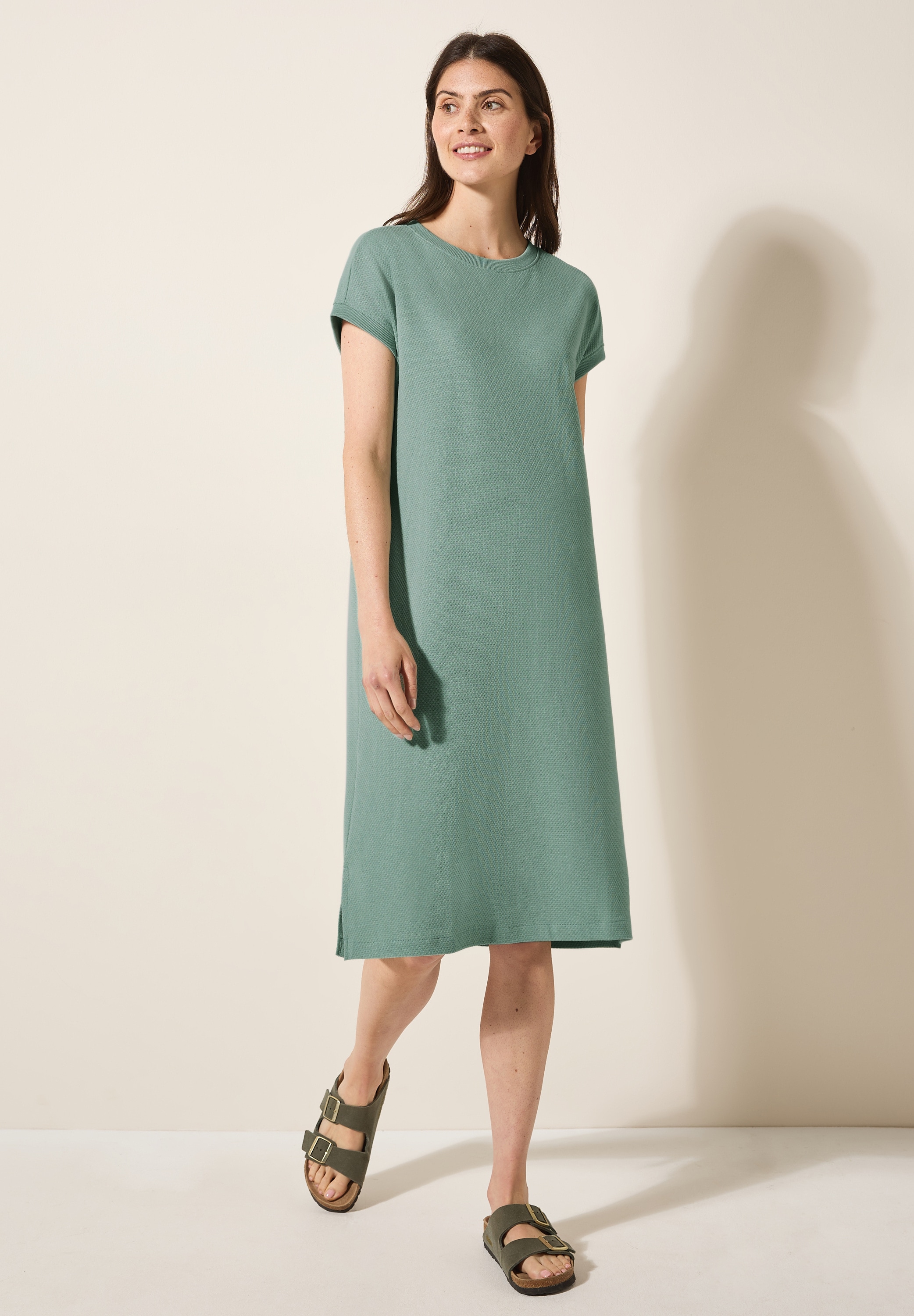 Sommerkleid CECIL, Damen, Gr. S (38), US-Größen, grün (matcha grün), Web, 58% Baumwolle, 42% Polyester, unifarben, gerade kniefrei, Rundhals, Bündchen, Kleider Sommerkleid, soft und trageangenehm
