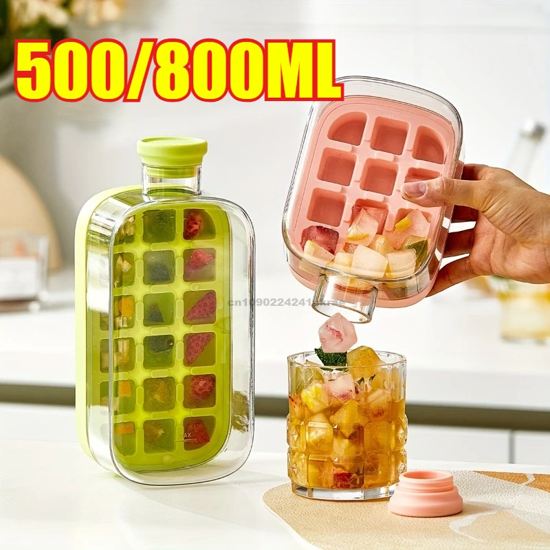 12-Gitter 500/800 ml Silikon-Eiswürfelform in Lebensmittelqualität, großes Fassungsvermögen, Wasserflaschen-Kombination mit Deckel, flexible transparente Kunststoffform Image