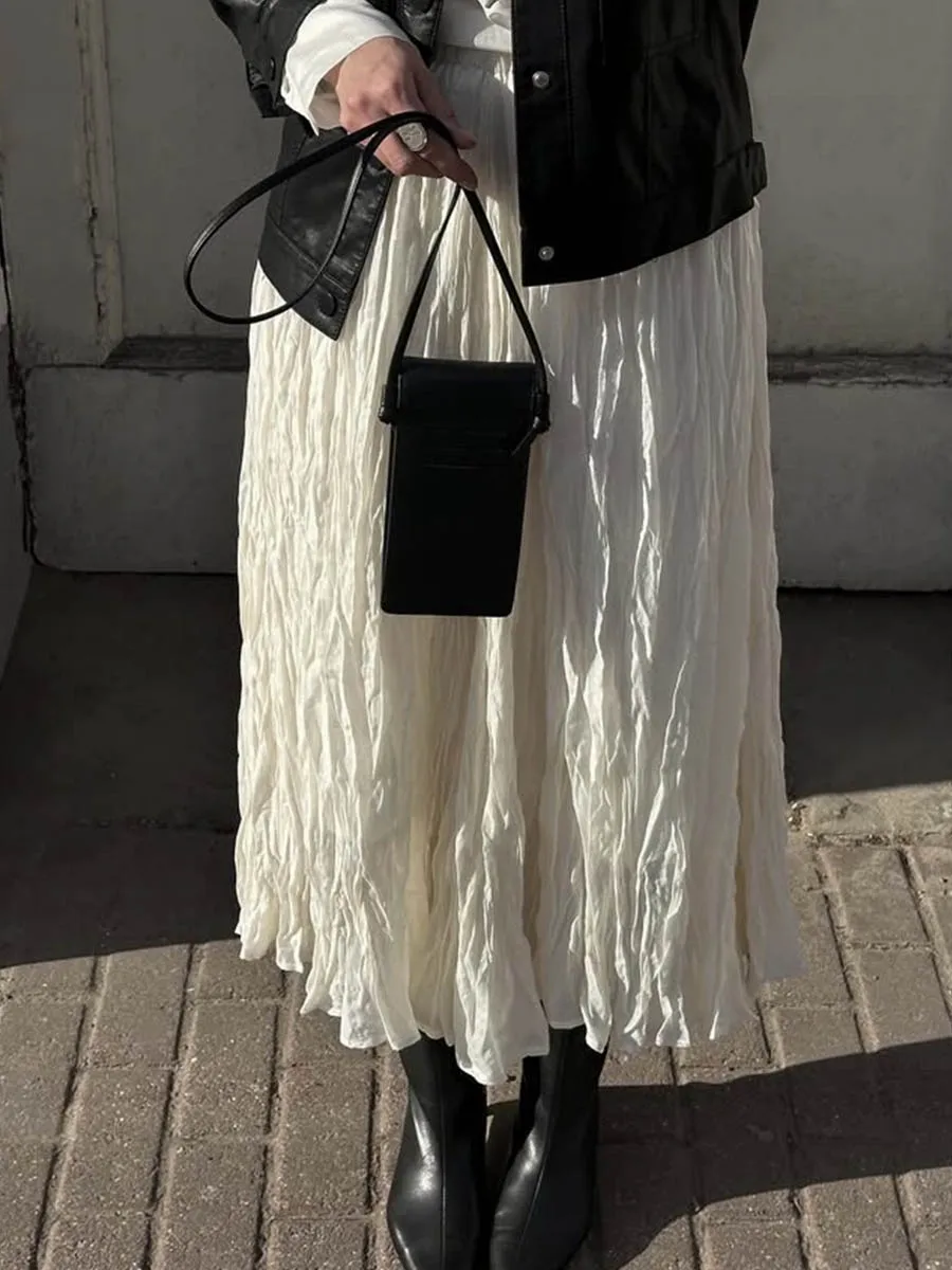 Hirsionsan Plissee-Röcke mit hoher Taille für Damen, 2025, neue weiche Falte, Bürodame, Basic-Midirock, schickes, elegantes Mädchen, glänzender langer Rock