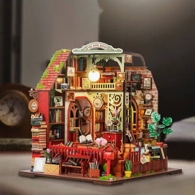 DIY Miniatur-Hüttenhaus, zusammengebautes Gebäudemodell mit Lichtern, 3D-Holzpuzzles, Image