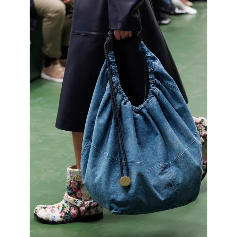 Große Kapazität Shopper Tasche Frauen Hohe Qualität Blau Denim Schwarz Gewebt Kordelzug Einkaufstasche Modenschau Stil Casual Schulter Tasche